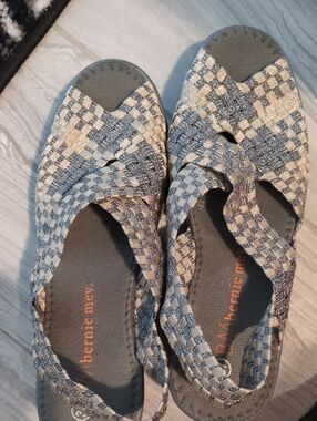 bernie mev. Woven Metallic Silver and Gray Slip-On Sandals